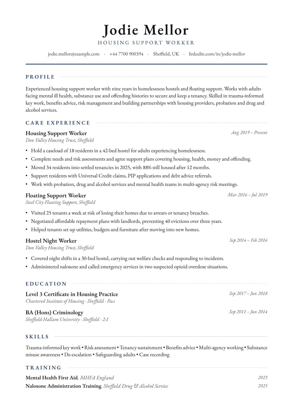 Housing Support Worker CV template