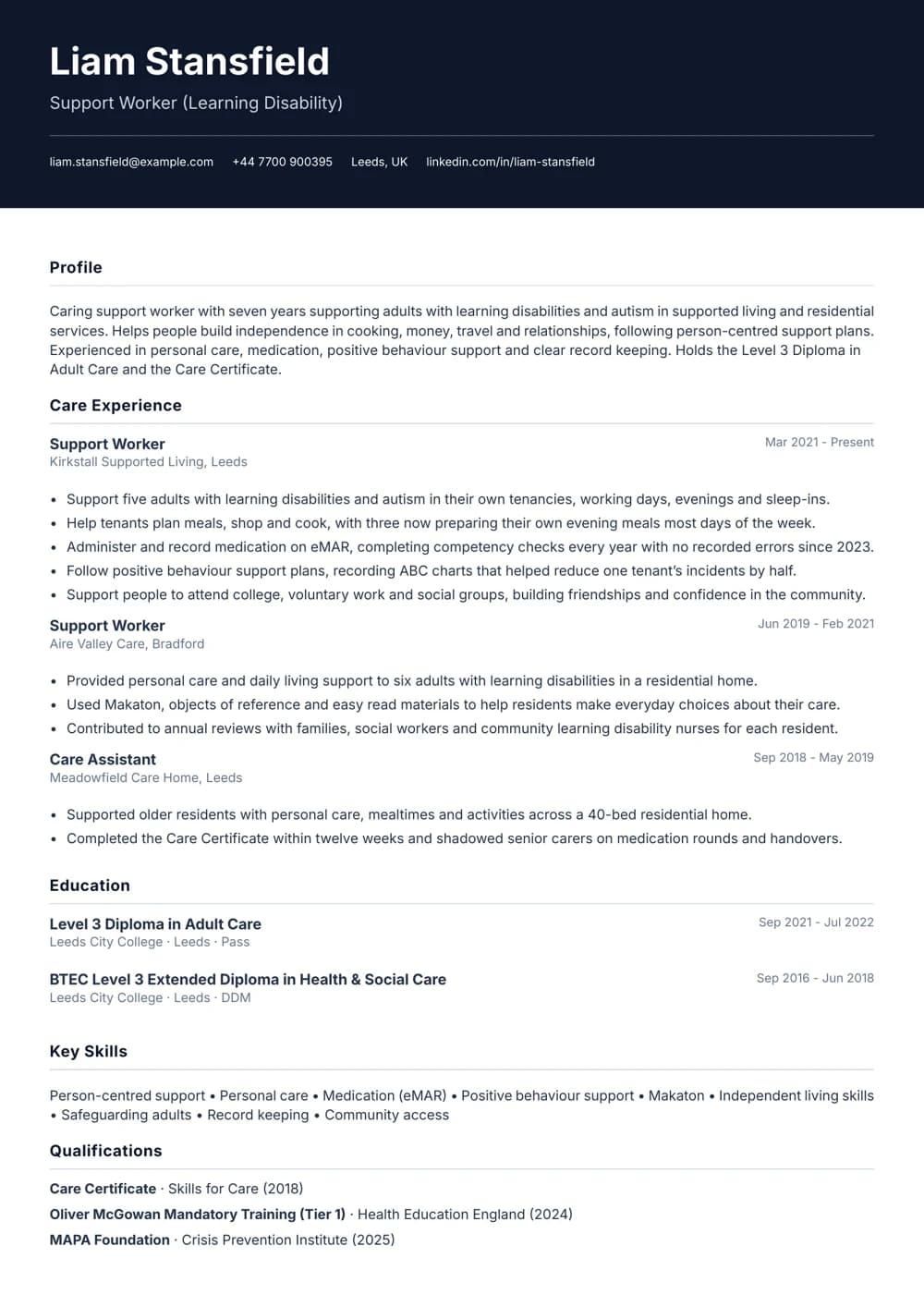 support worker (learning disability) cv template