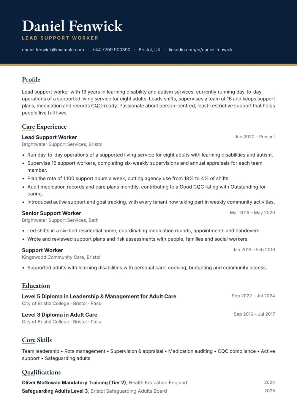 lead support worker cv template