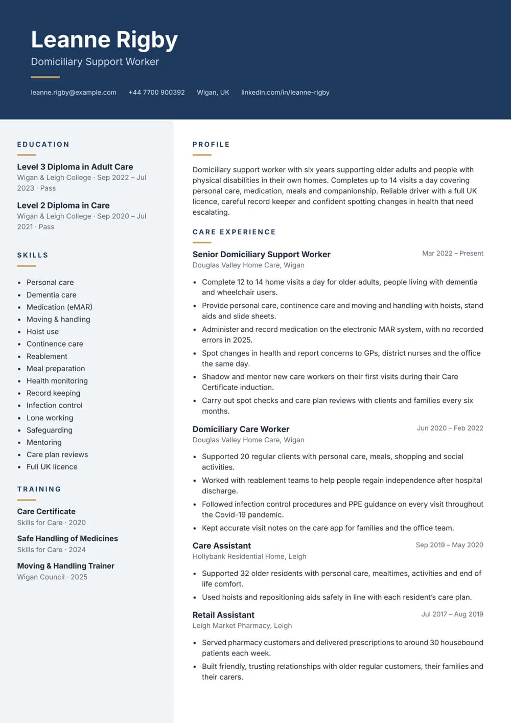 Domiciliary Support Worker CV template