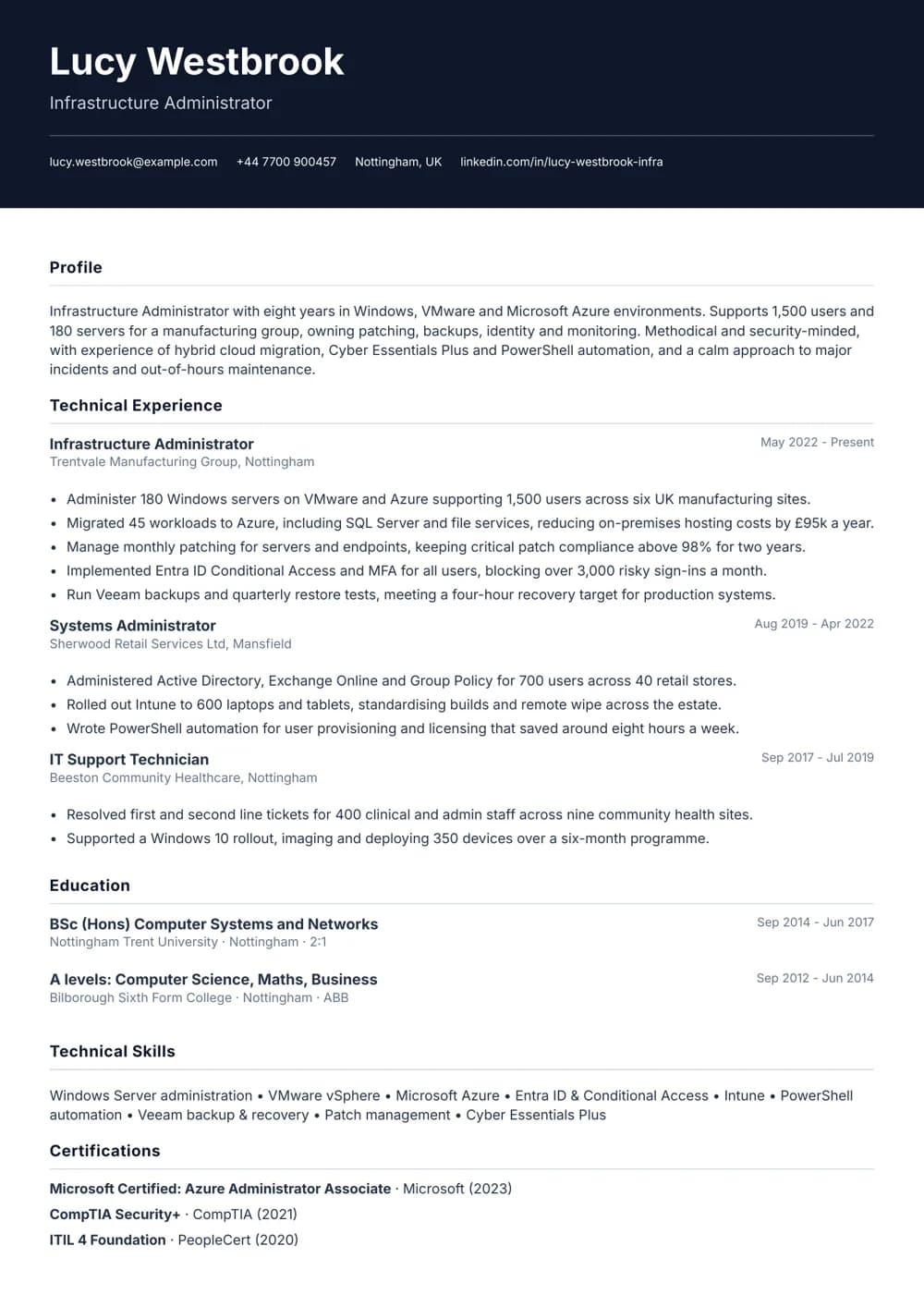 Infrastructure Administrator CV template