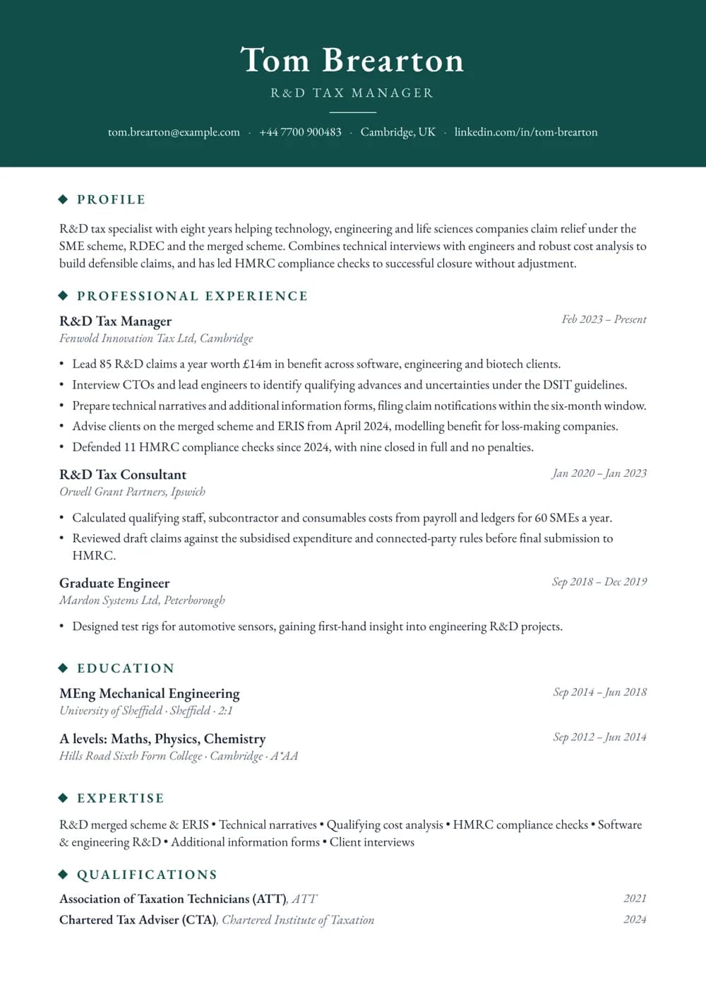 R&D Tax Credits Specialist CV template