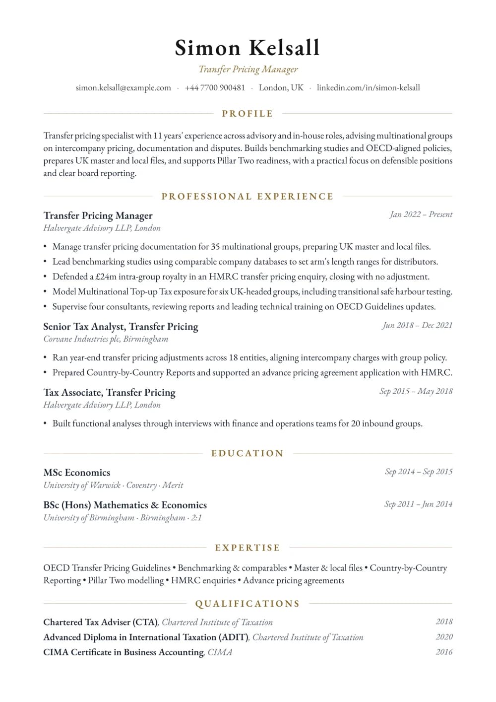 Transfer Pricing Manager CV template