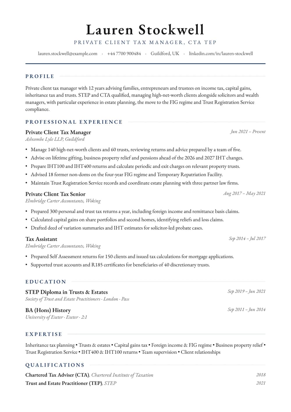 Private Client Tax Manager CV template