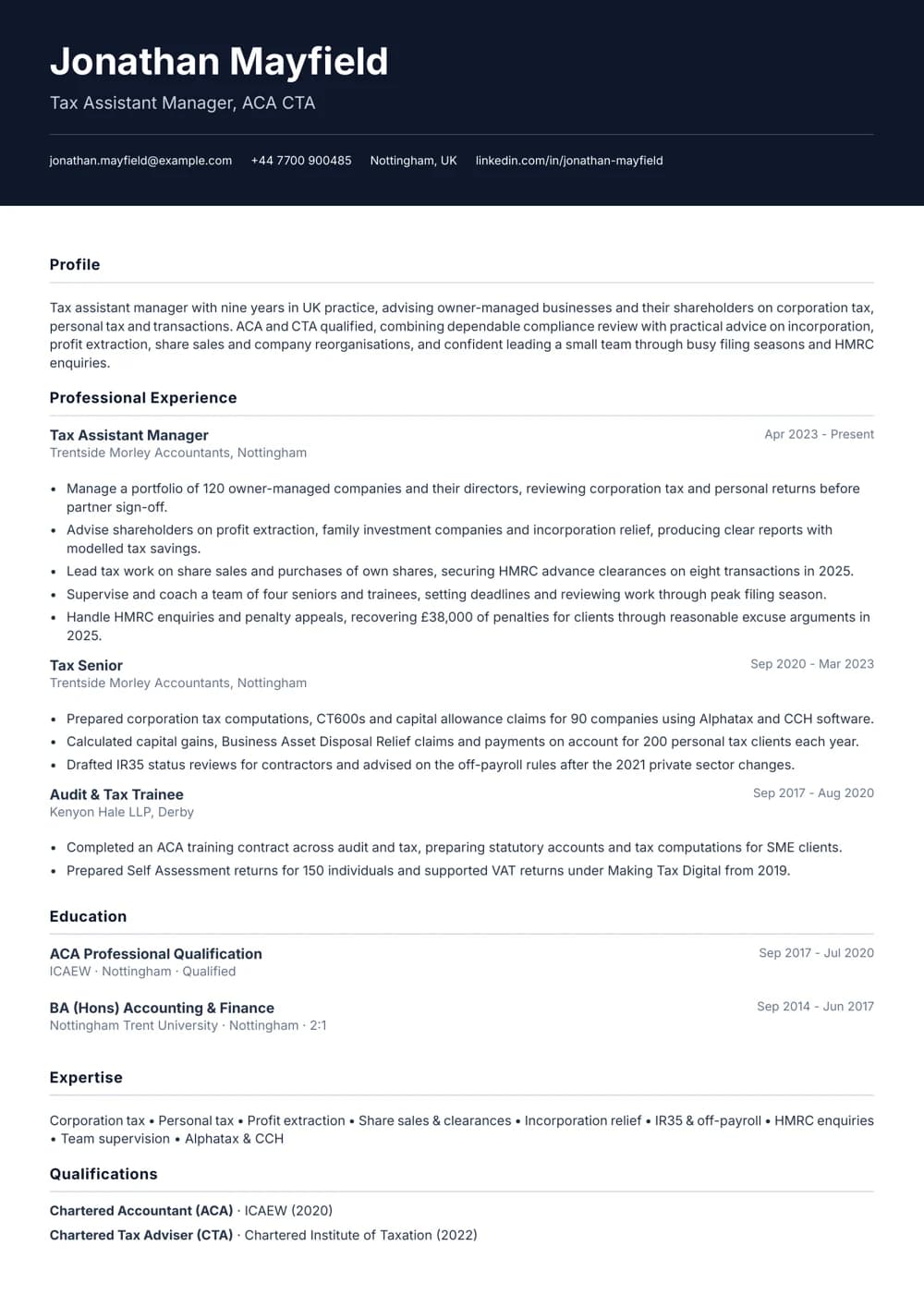 Tax Assistant Manager CV template