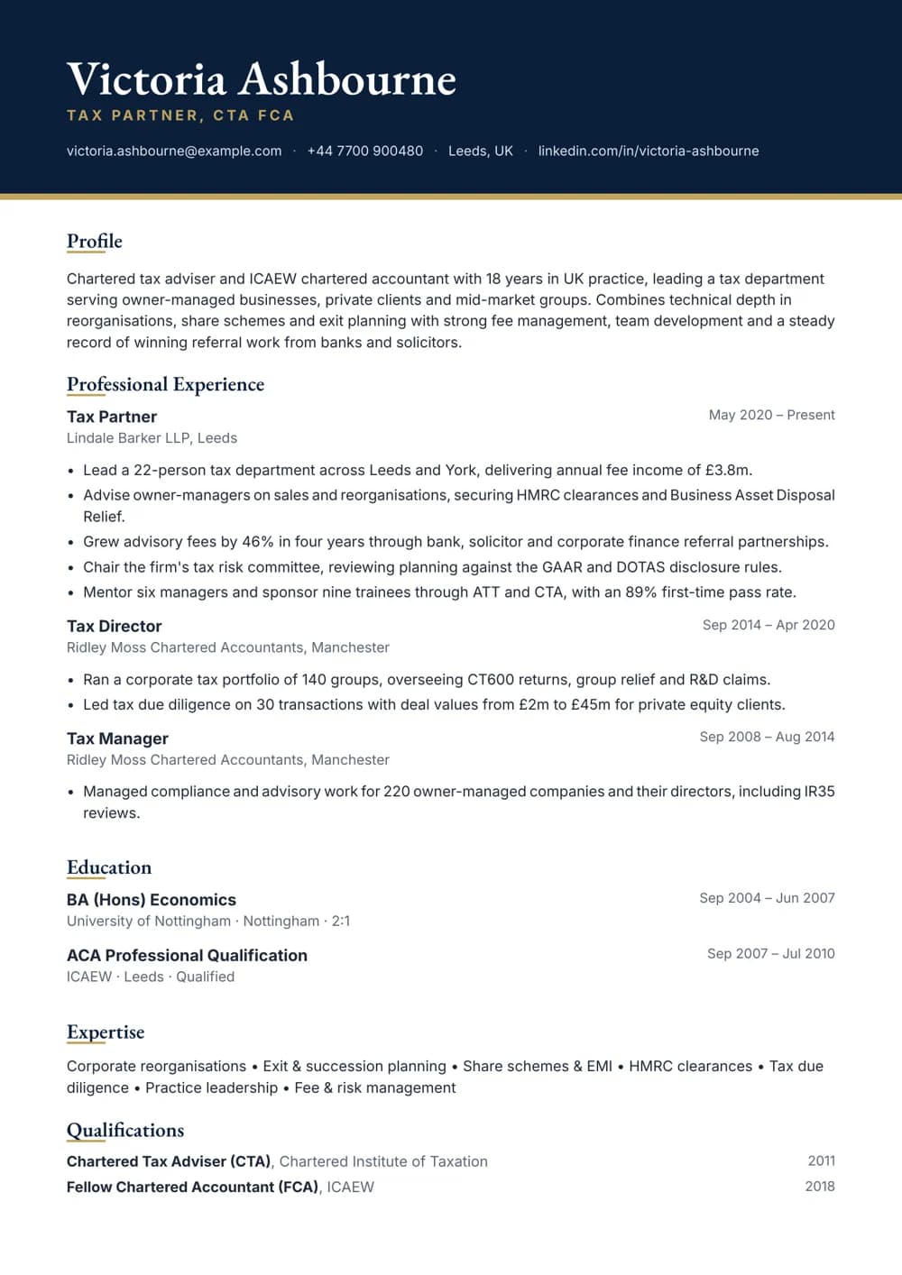 Tax Partner CV template