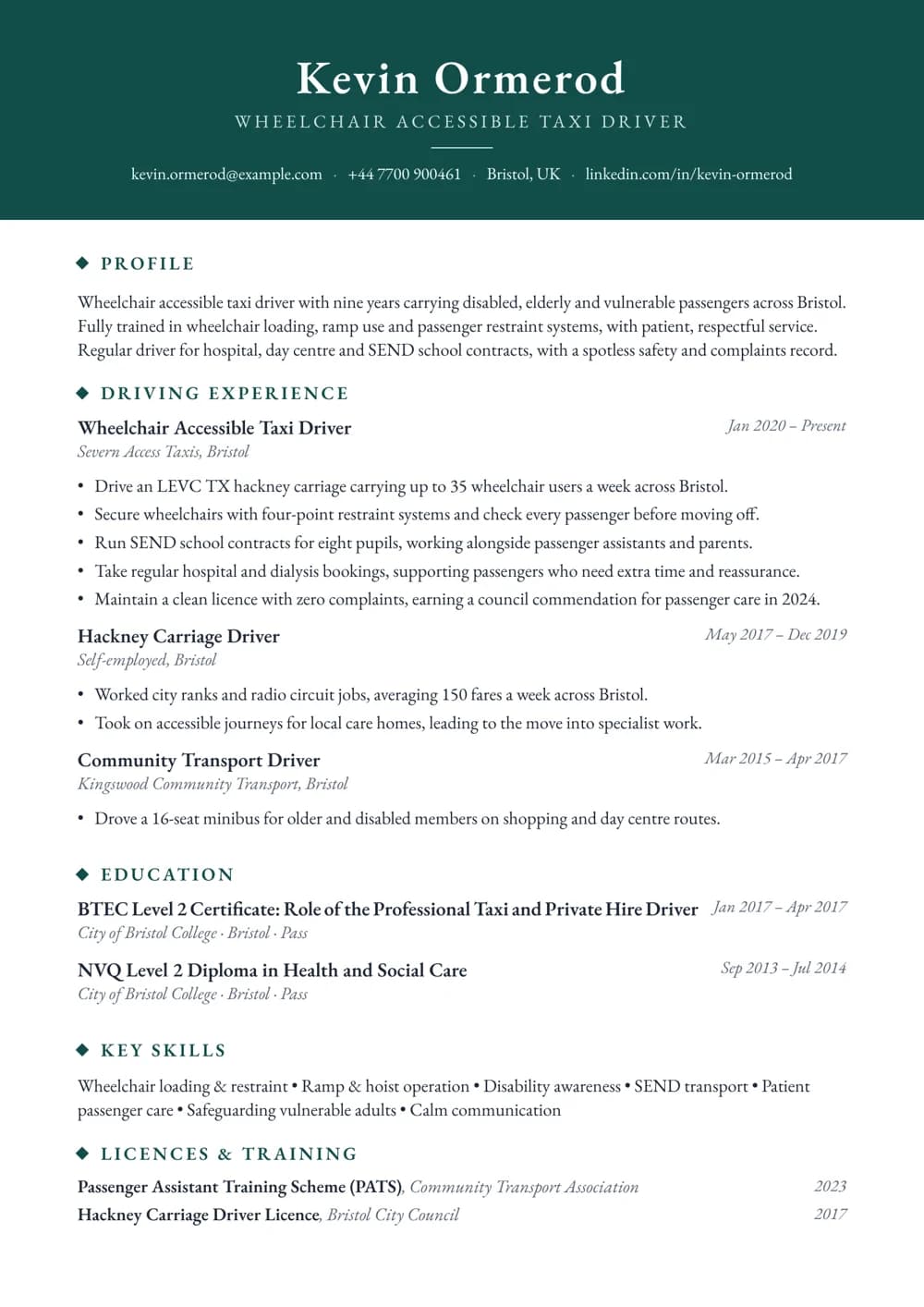 accessible taxi driver cv template