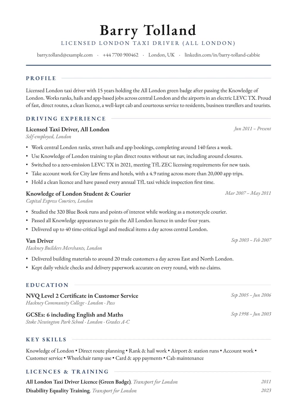London Black Cab Driver CV template