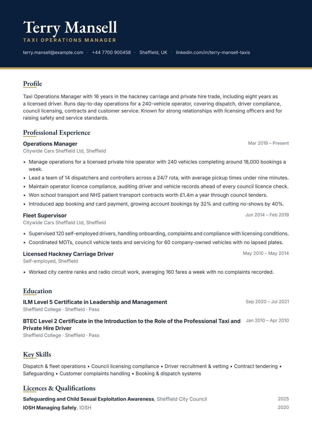 taxi operations manager cv template