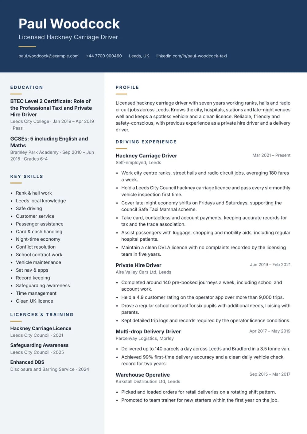 Hackney Carriage Driver CV template