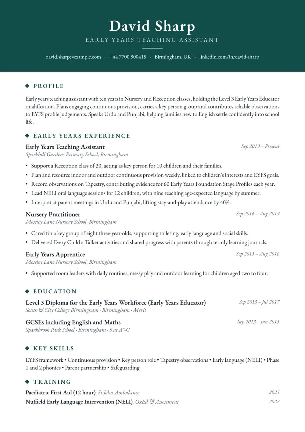 early years teaching assistant cv template