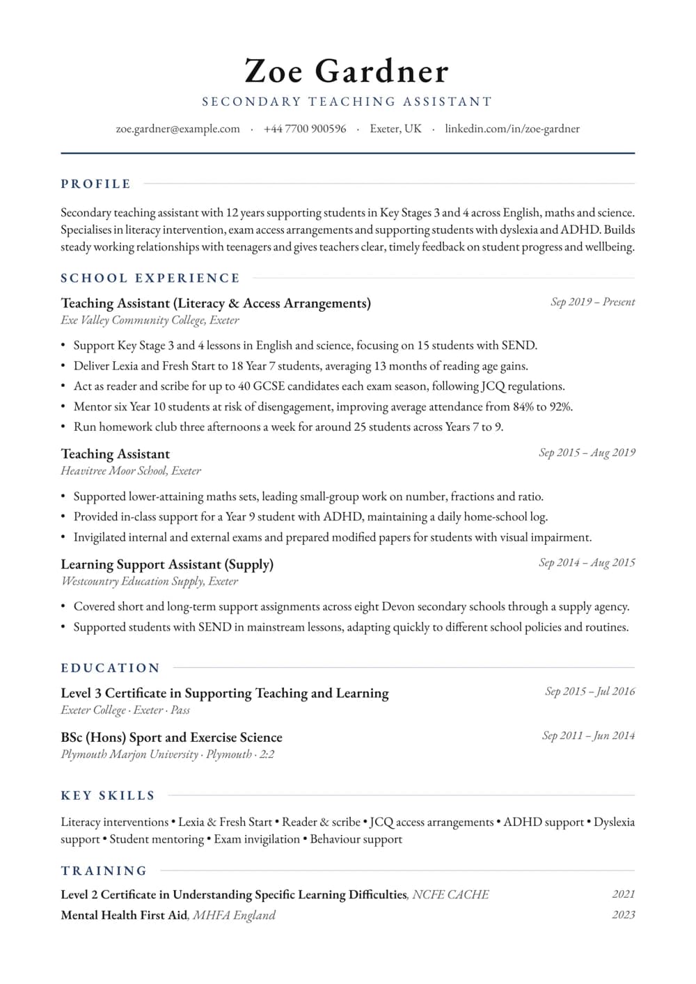 Secondary Teaching Assistant CV template