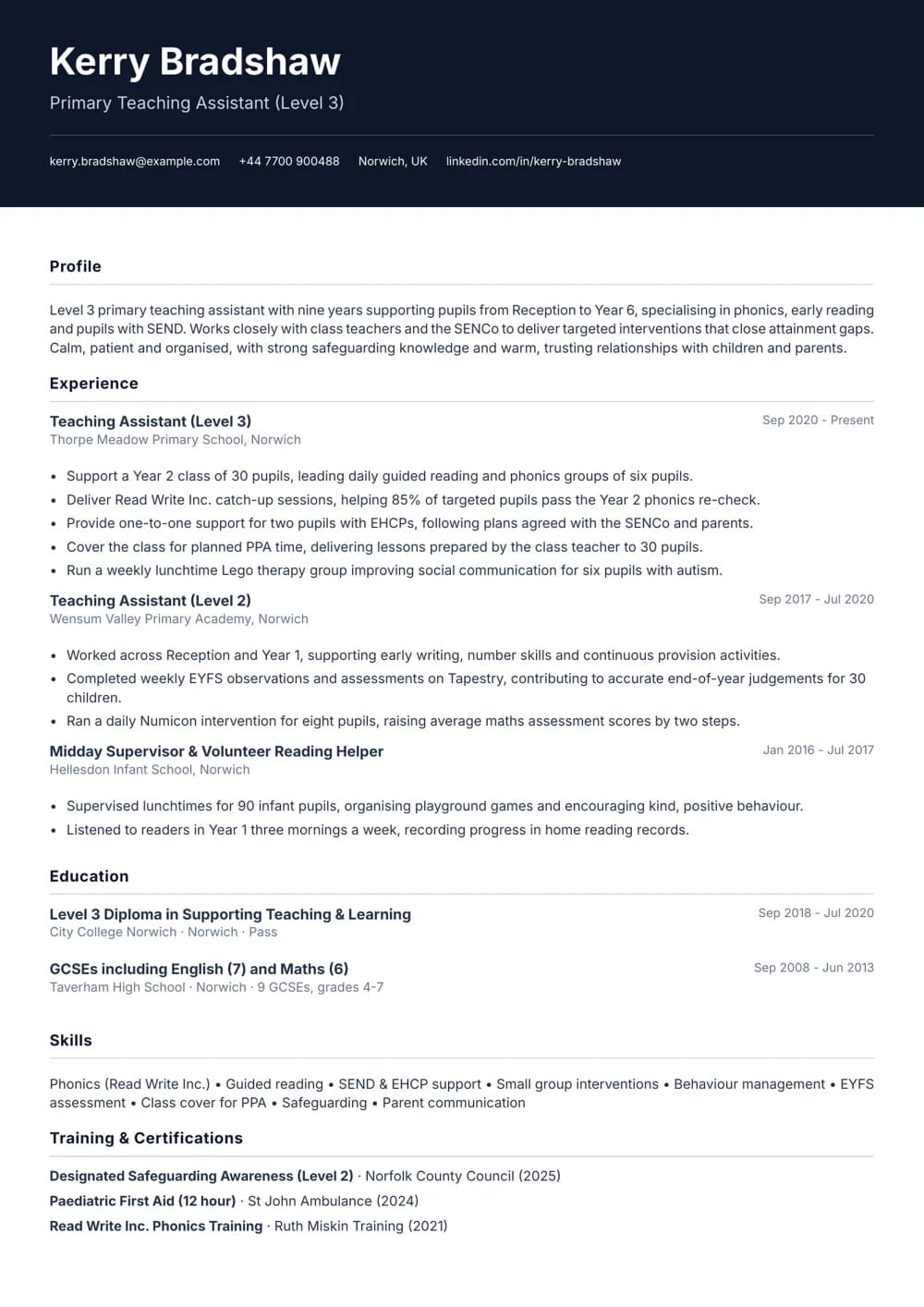 primary teaching assistant cv template