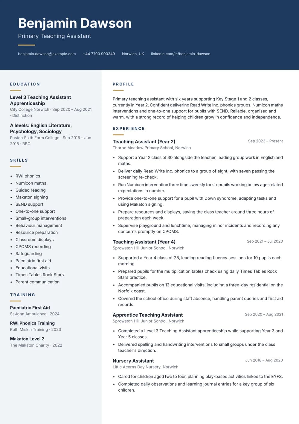 KS1 Teaching Assistant CV template