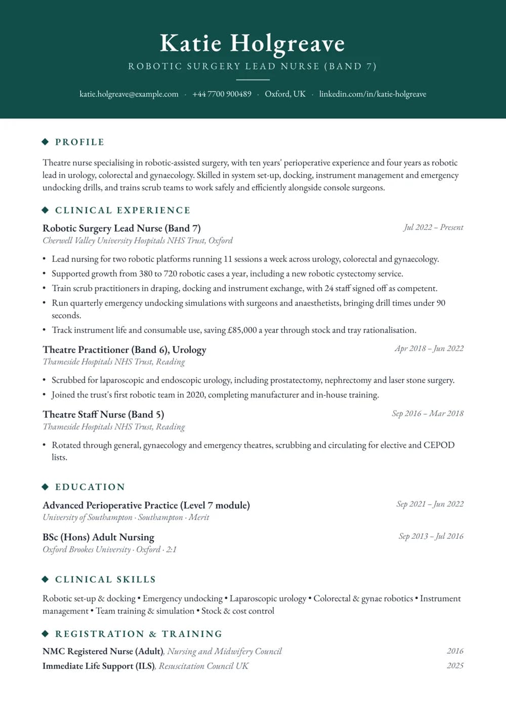 Robotic Surgery Theatre Nurse CV template
