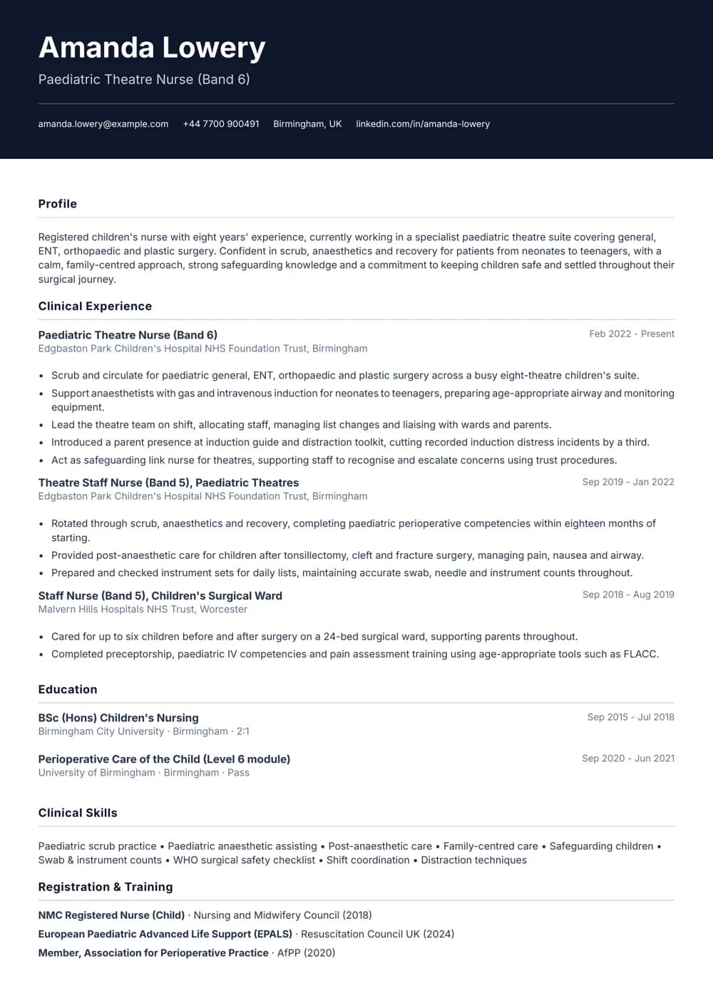 Paediatric Theatre Nurse CV template