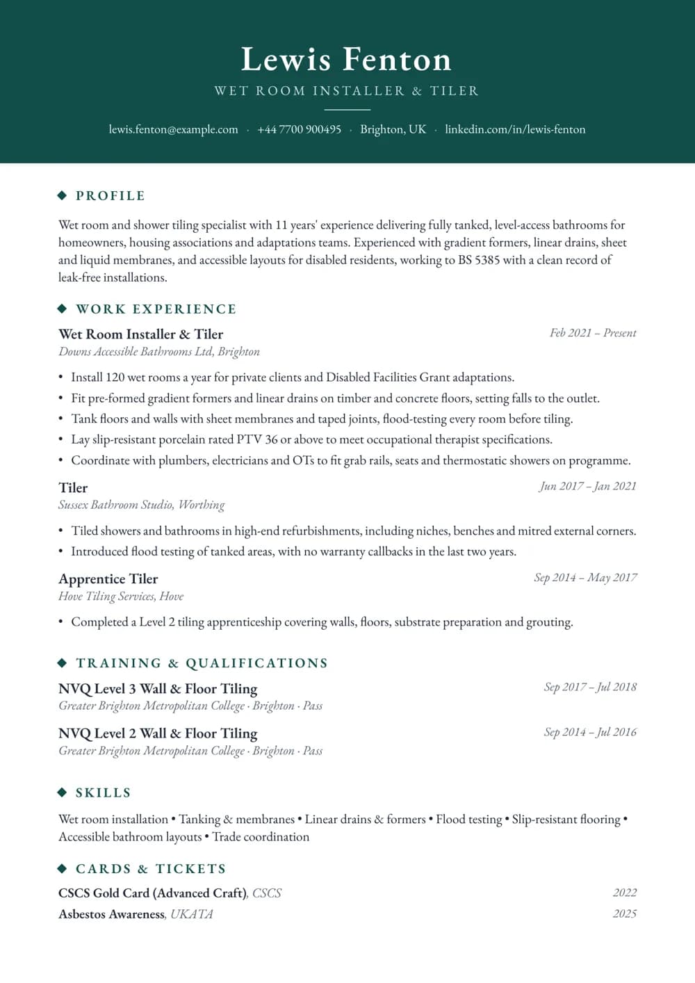 Wet Room Specialist CV template