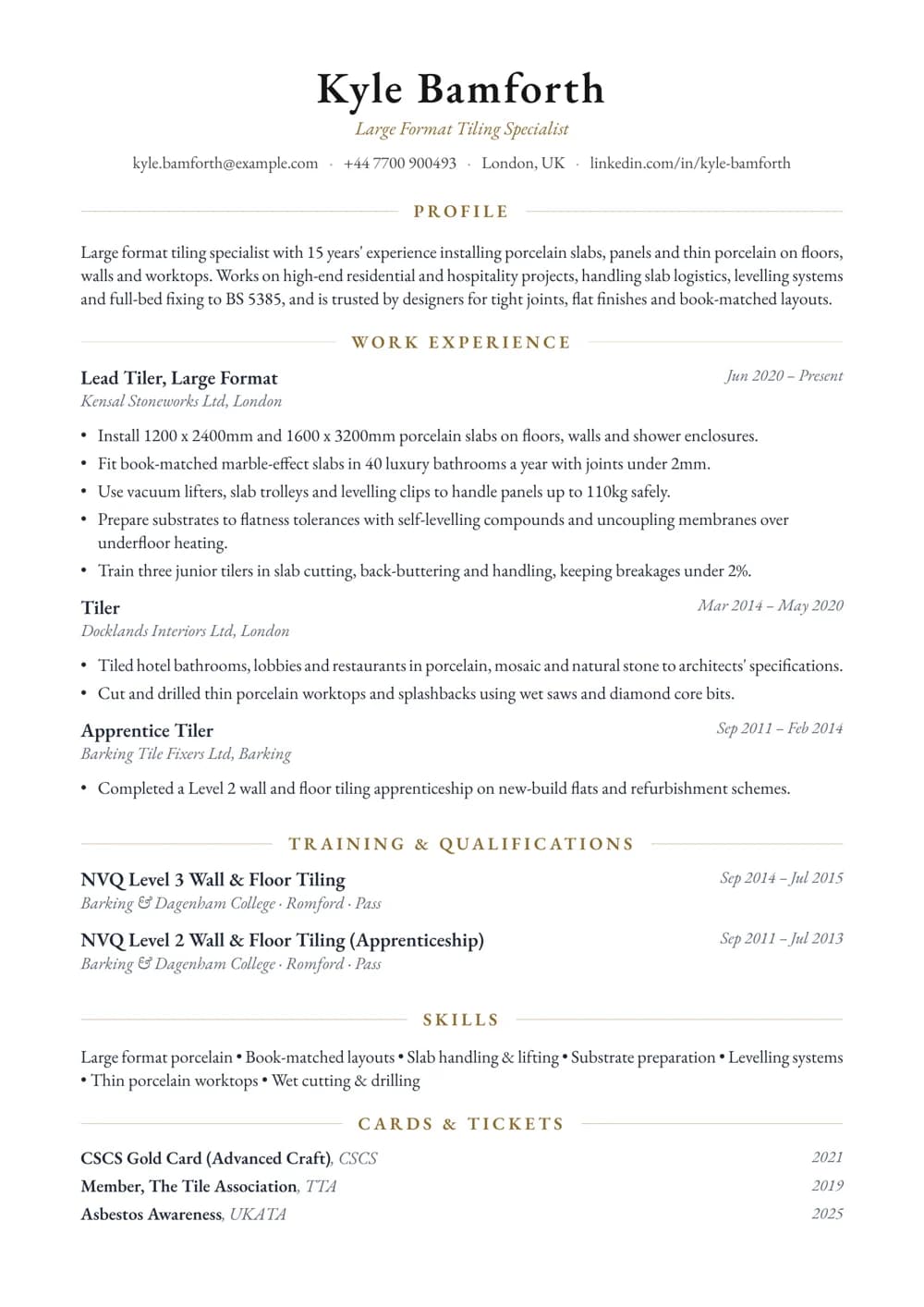 Large Format Porcelain Specialist CV template