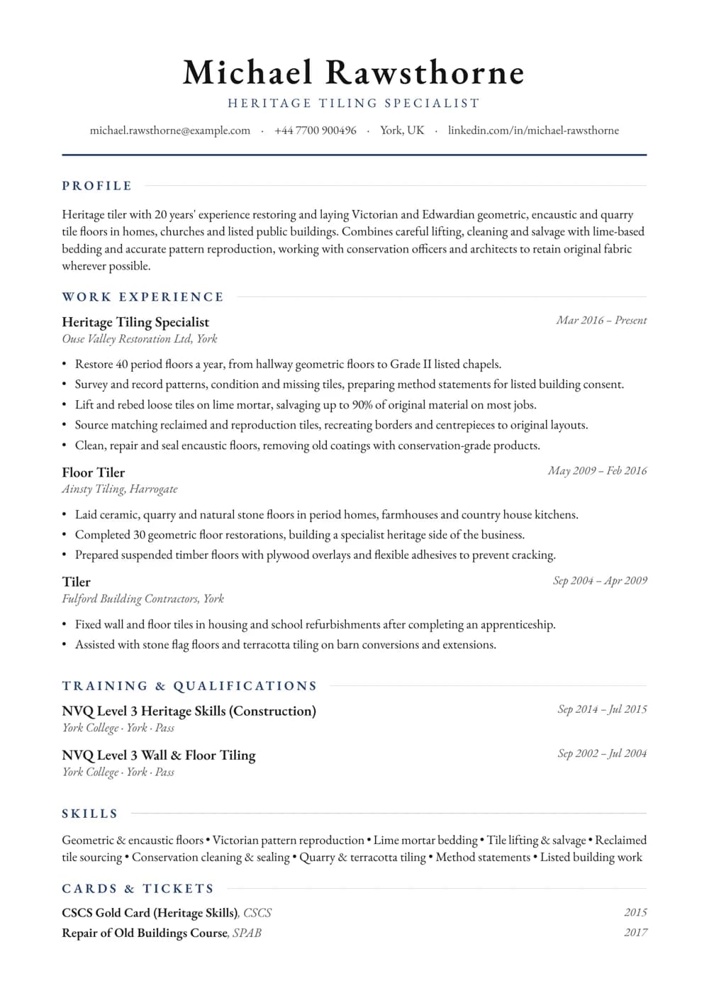 Heritage Floor Tiler CV template