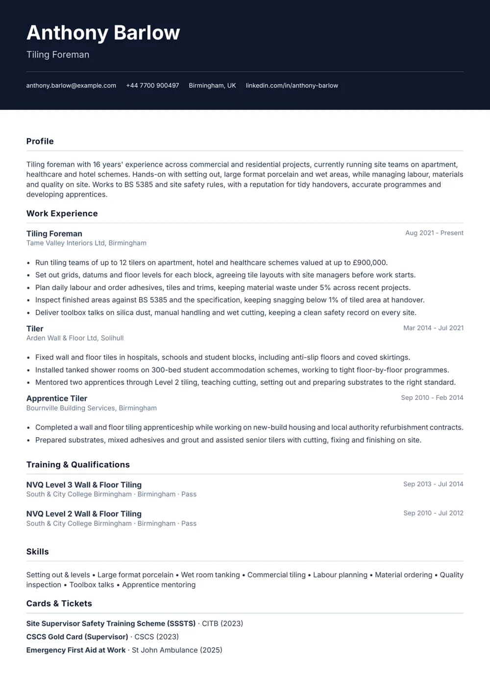 Tiling Foreman CV template