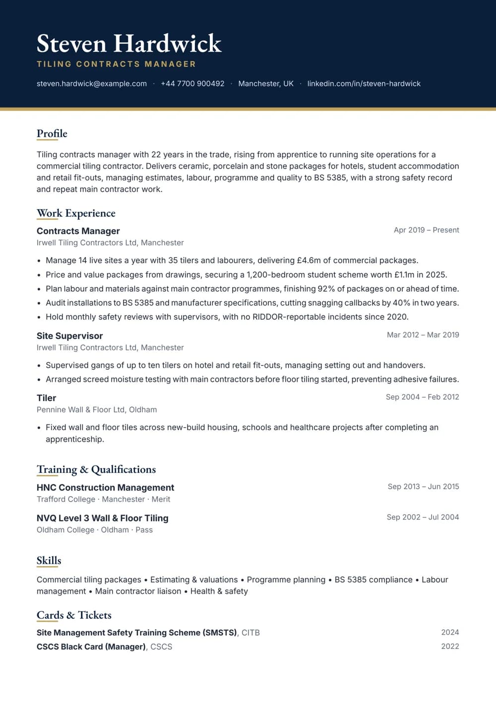Tiling Contracts Manager CV template
