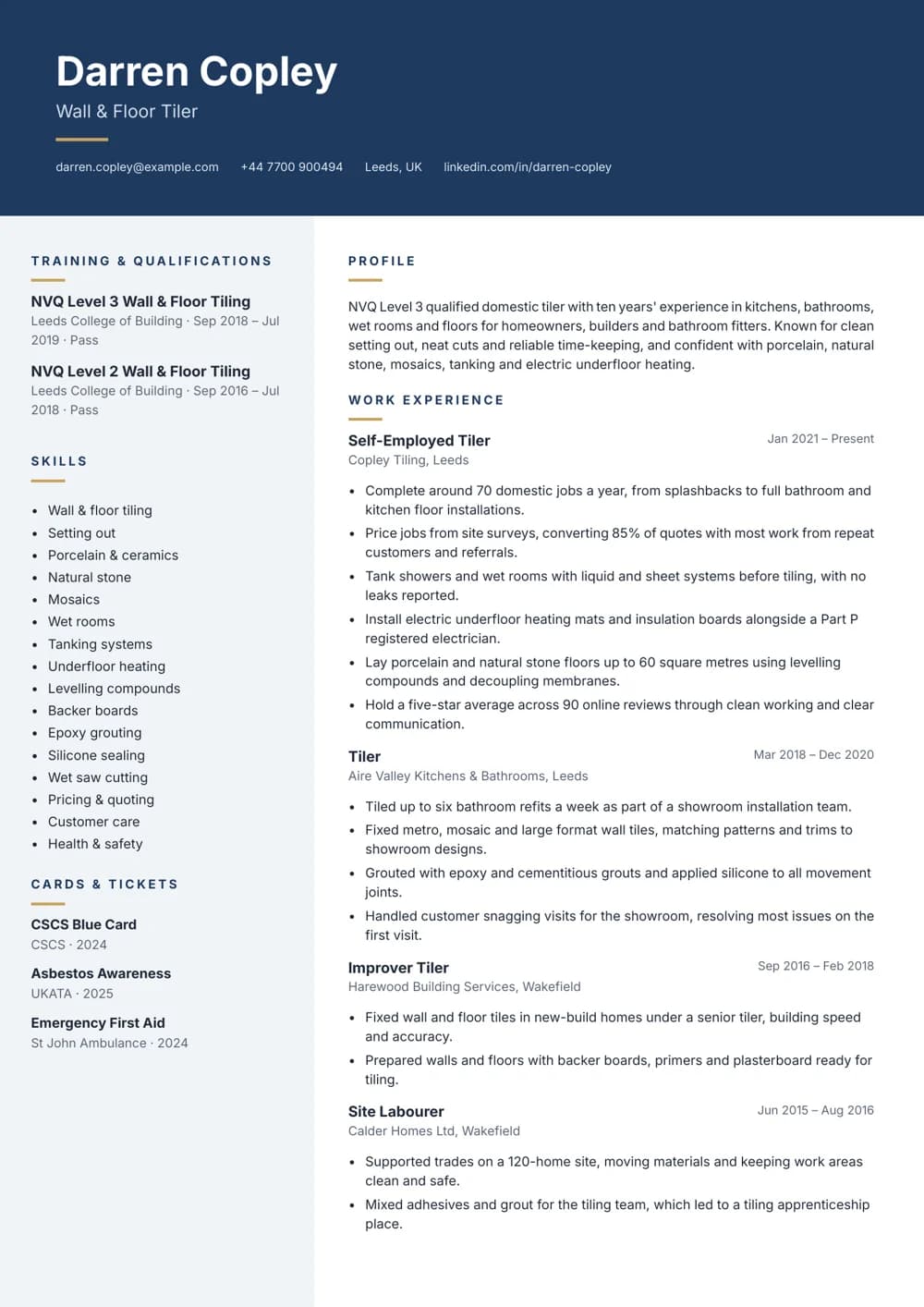 Domestic Tiler CV template