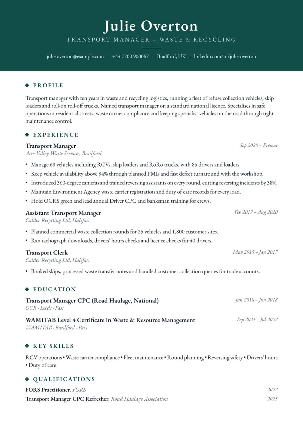 Waste & Recycling Transport Manager CV template