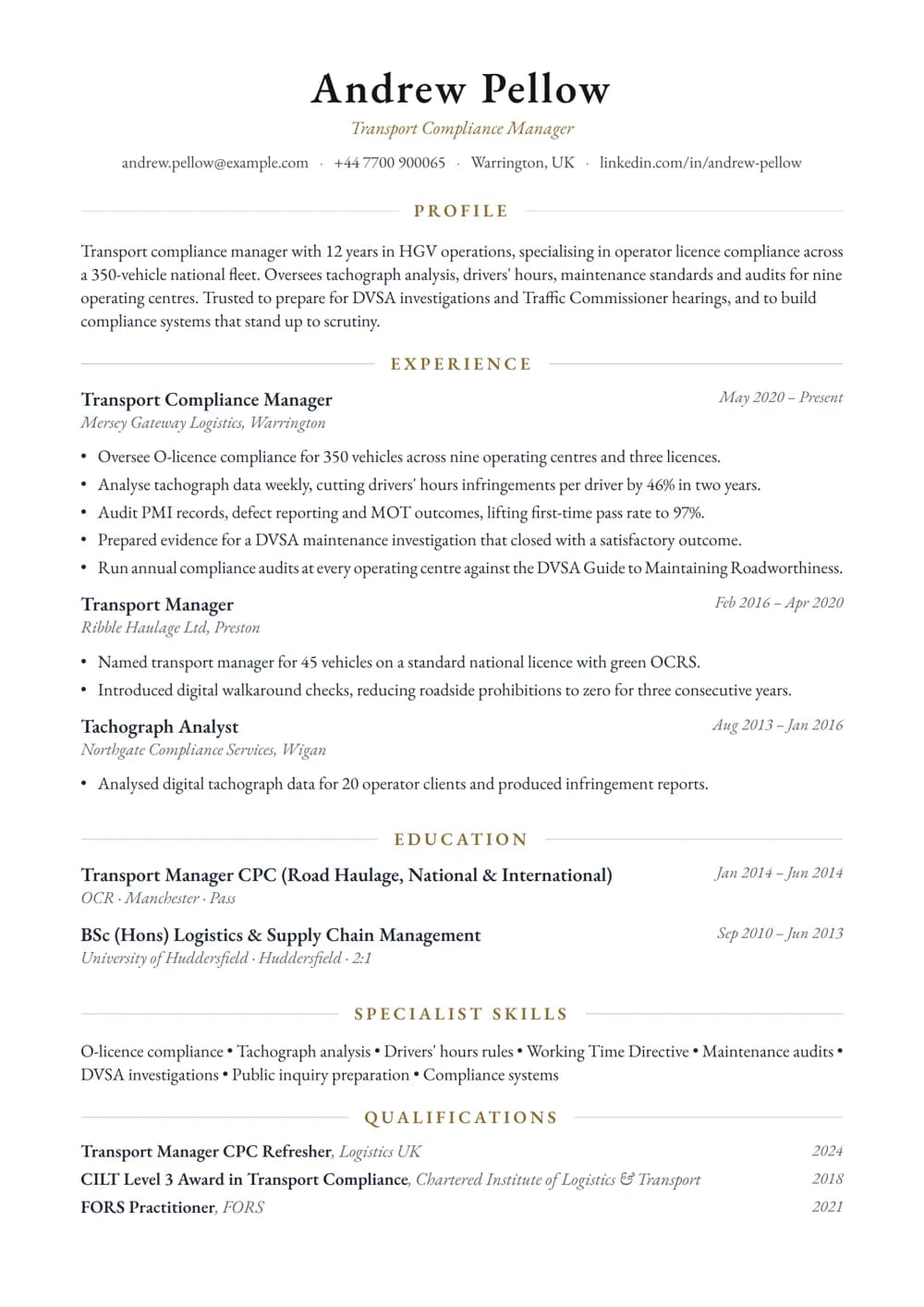Transport Compliance Manager CV template