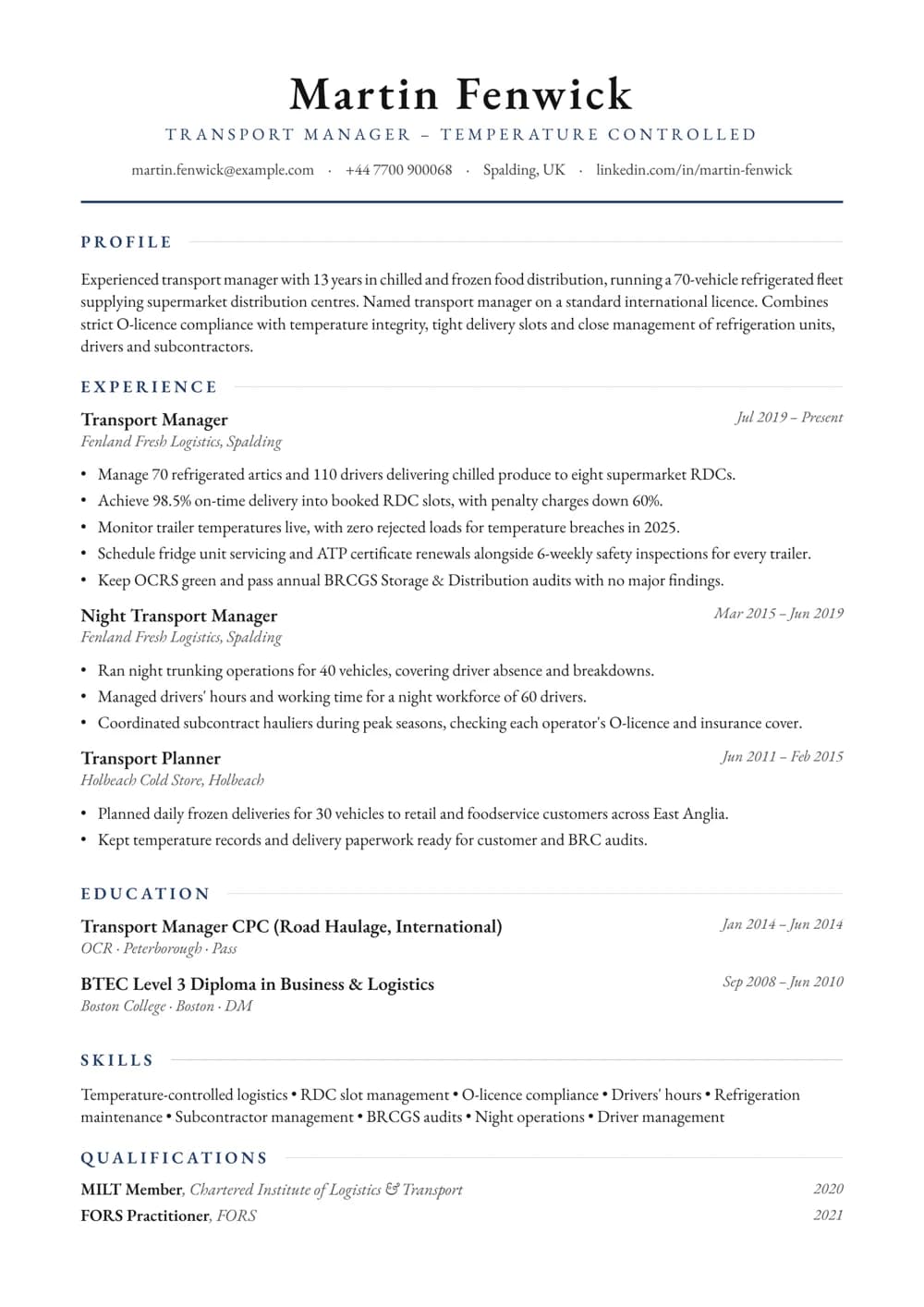 Temperature-Controlled Transport Manager CV template