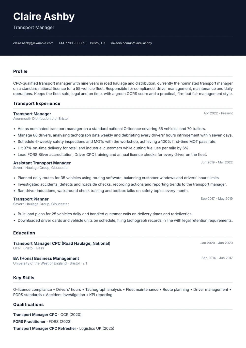 Nominated Transport Manager CV template