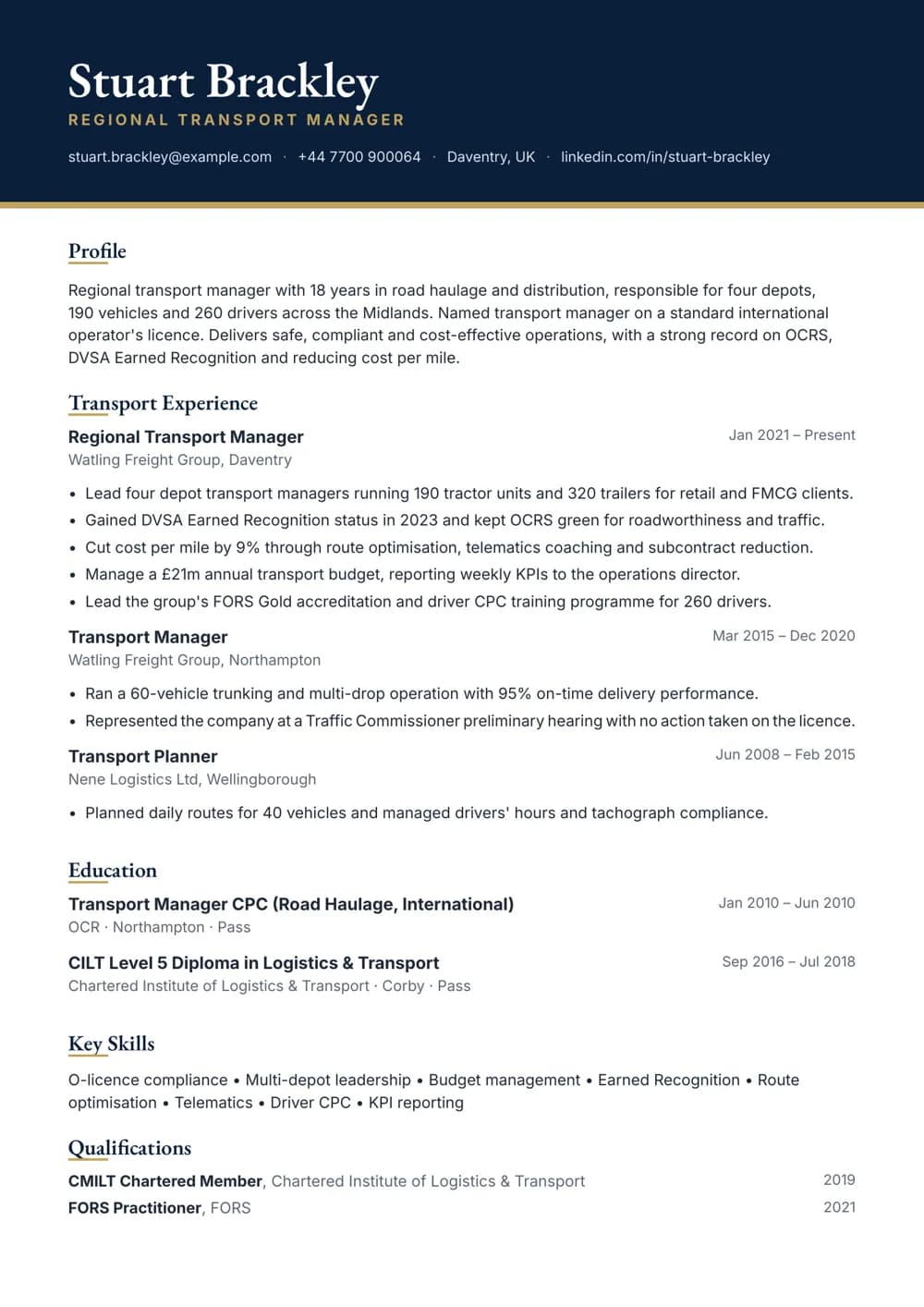 Regional Transport Manager CV template