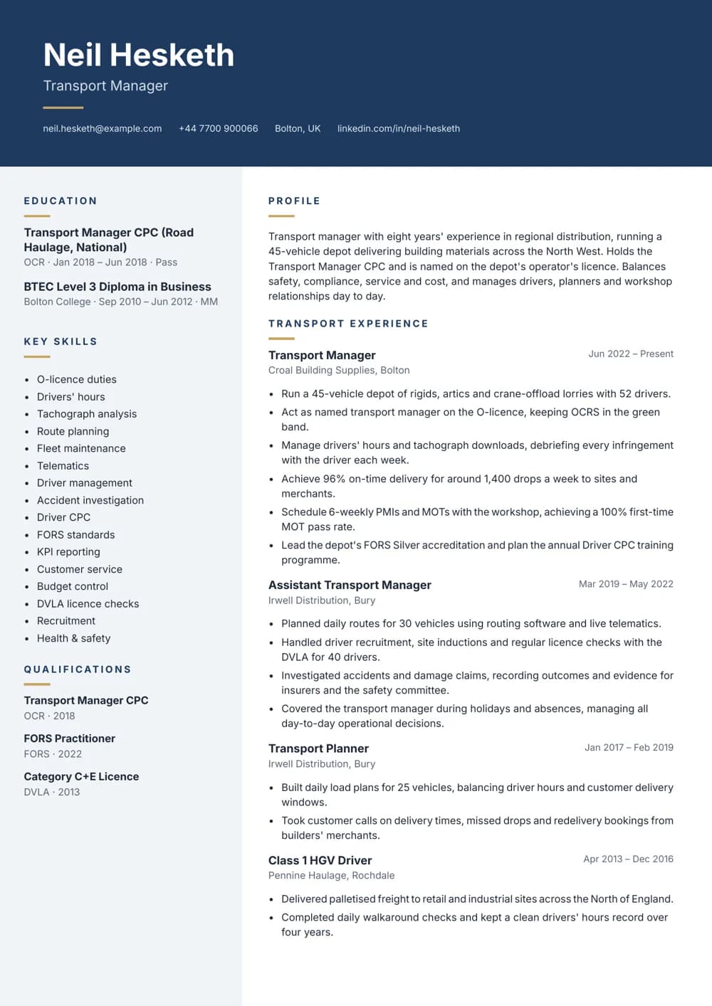 Distribution Transport Manager CV template