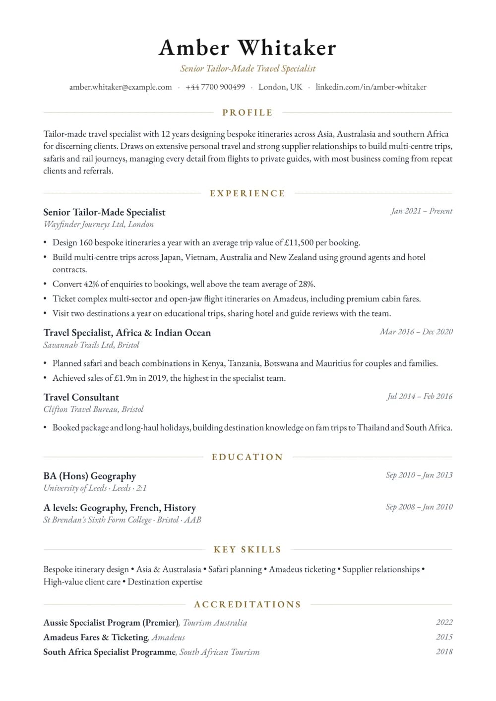 Tailor-Made Travel Specialist CV template