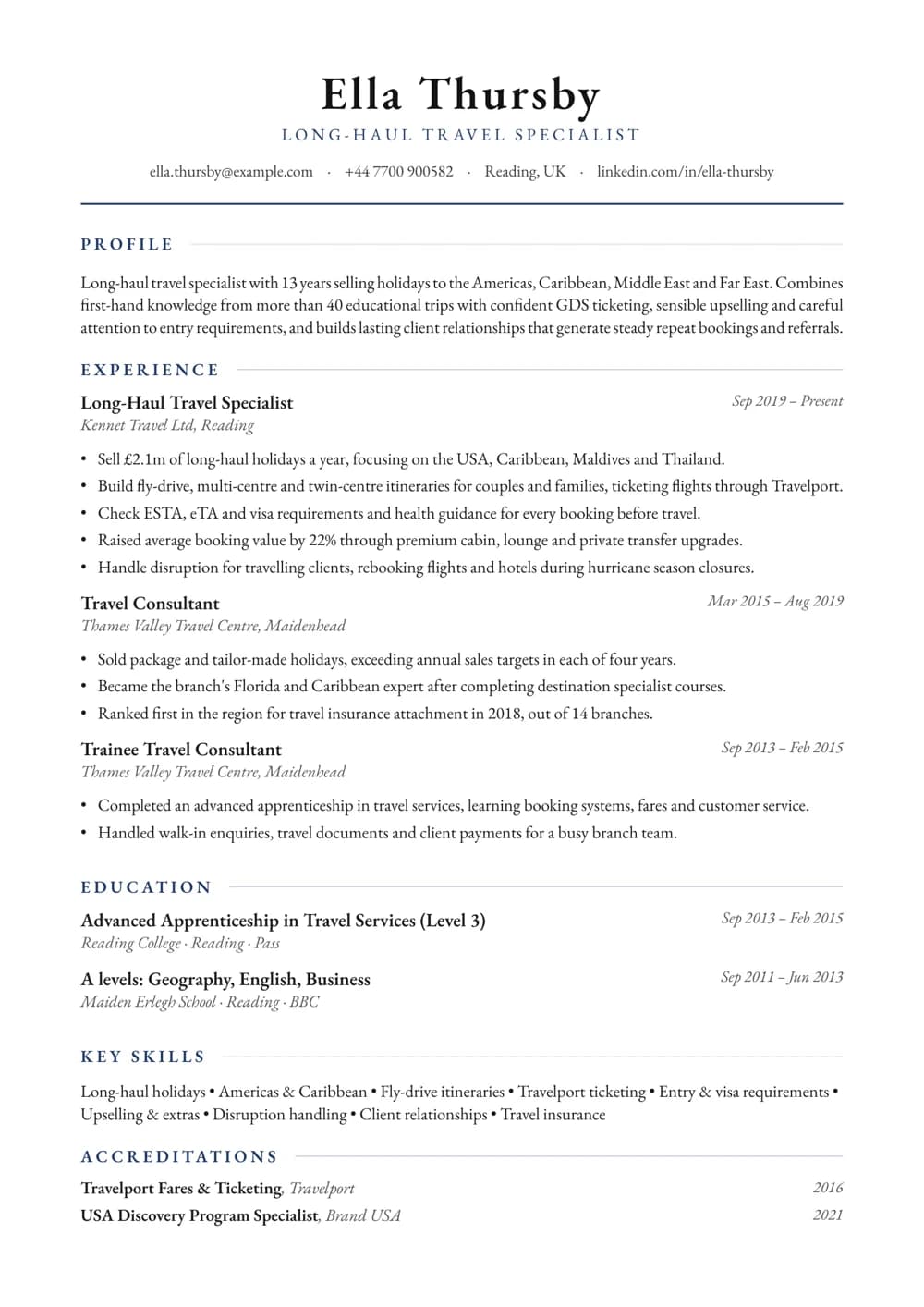 Long-Haul Travel Specialist CV template