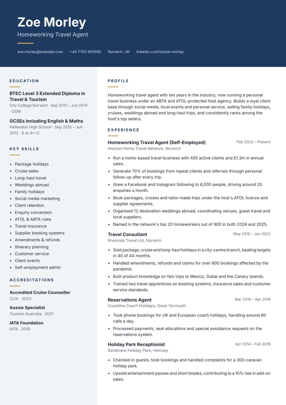 Homeworking Travel Agent CV template