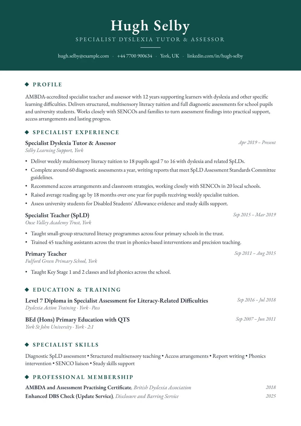 dyslexia specialist tutor cv template