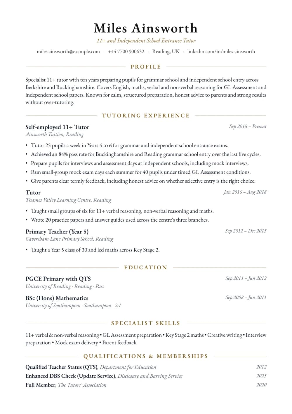 11+ Tutor CV template