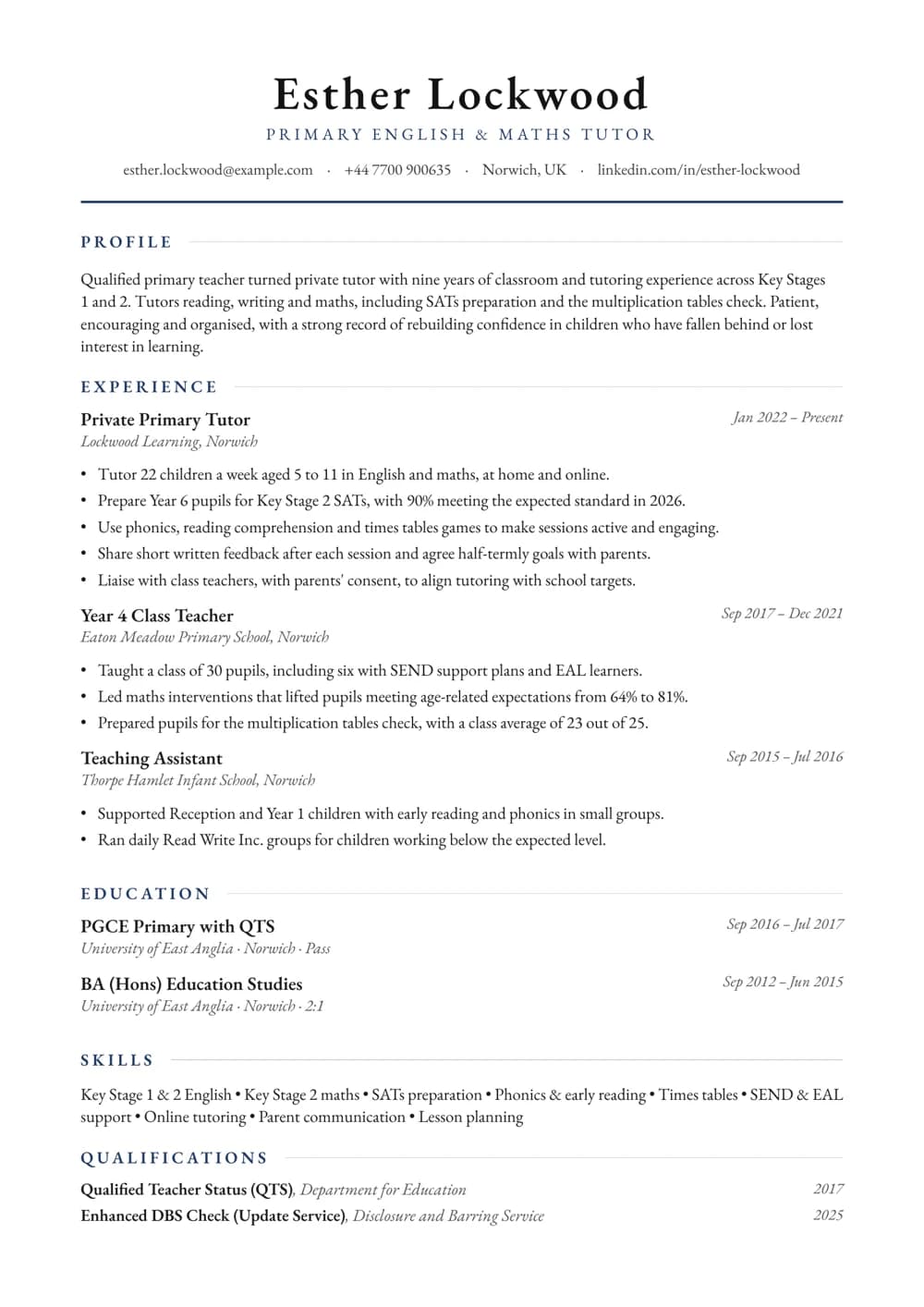 Primary Tutor CV template