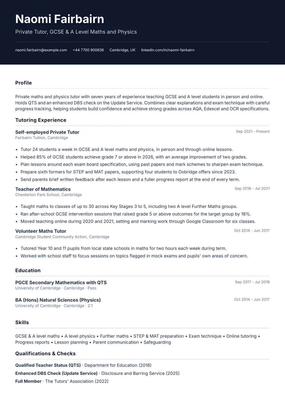 private tutor cv template