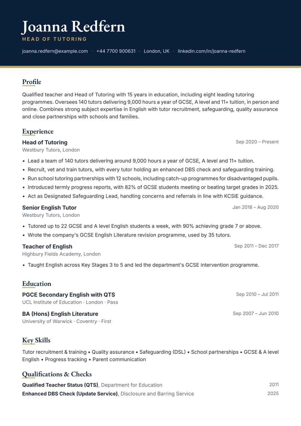 head of tutoring cv template