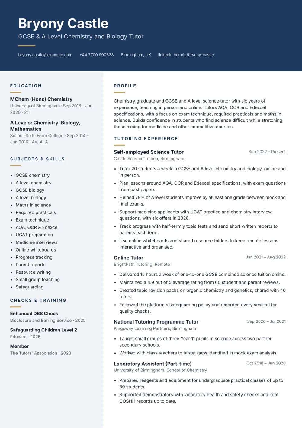 A-Level Science Tutor CV template