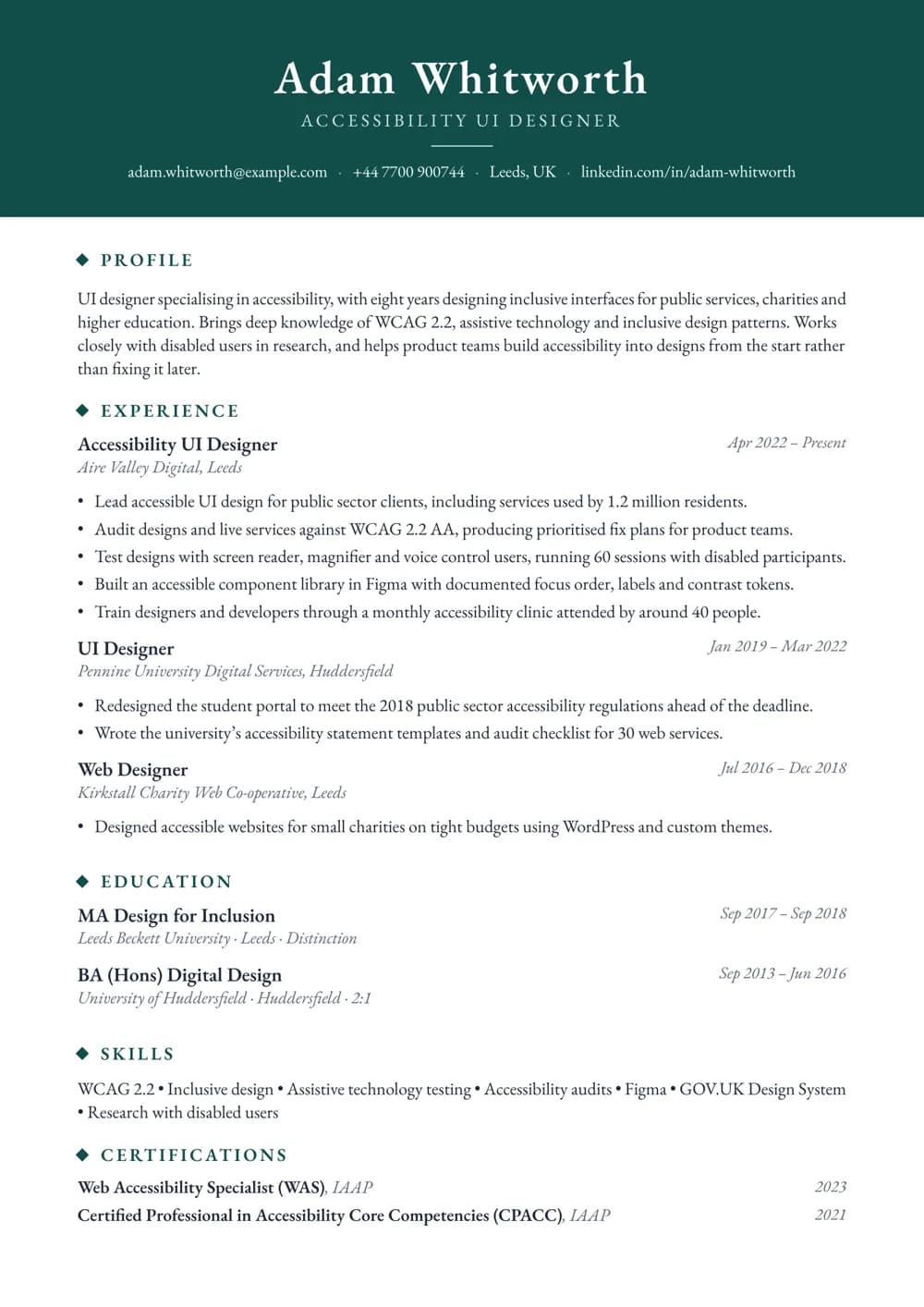 Accessibility UI Designer CV template