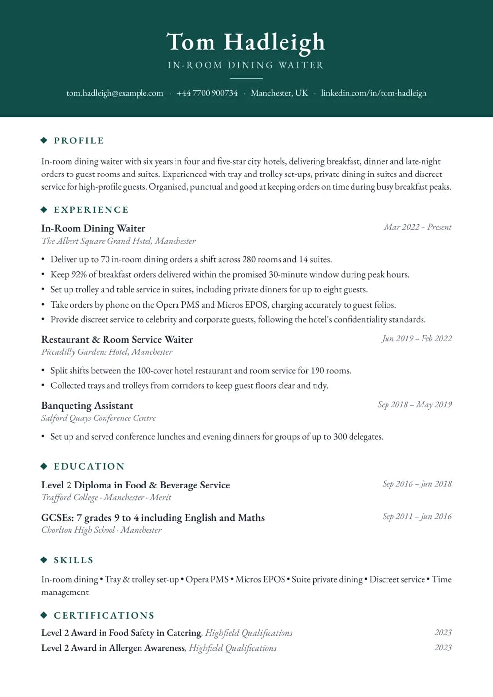Room Service Waiter CV template