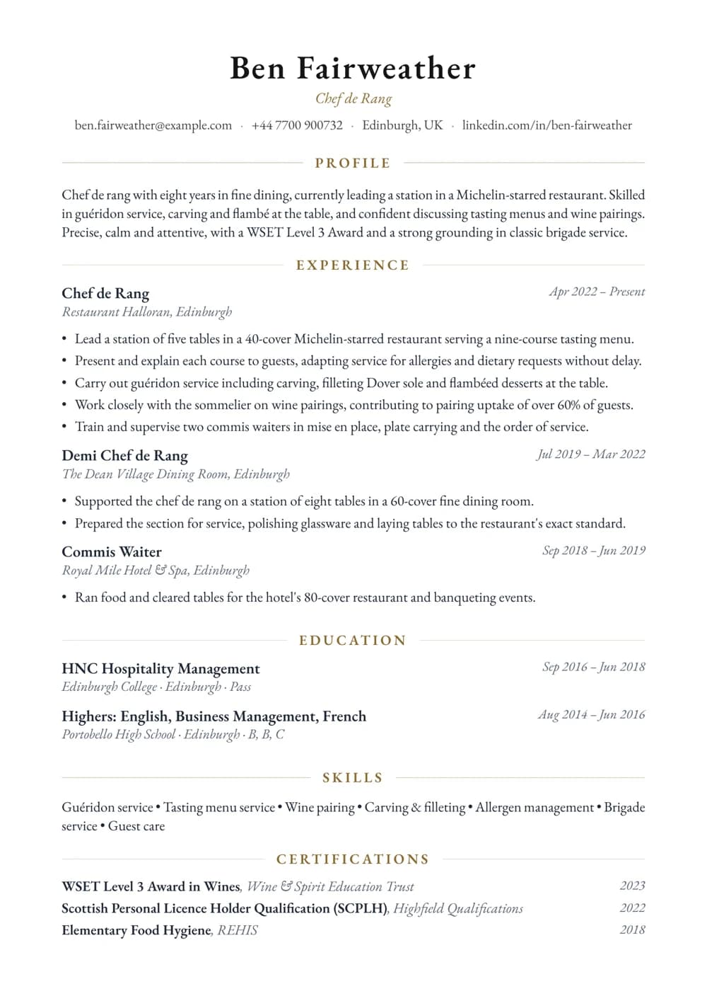 Chef de Rang CV template