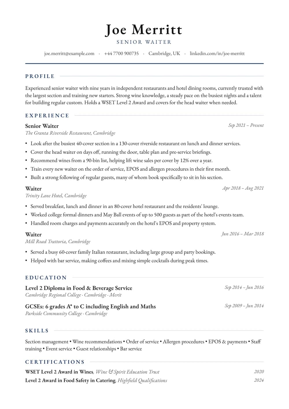 Senior Waiter CV template
