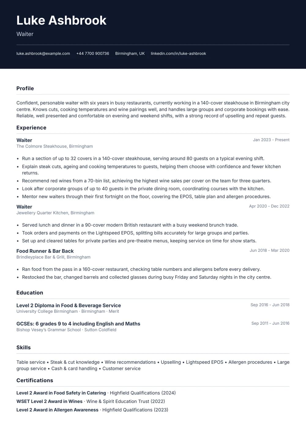 Steakhouse Waiter CV template