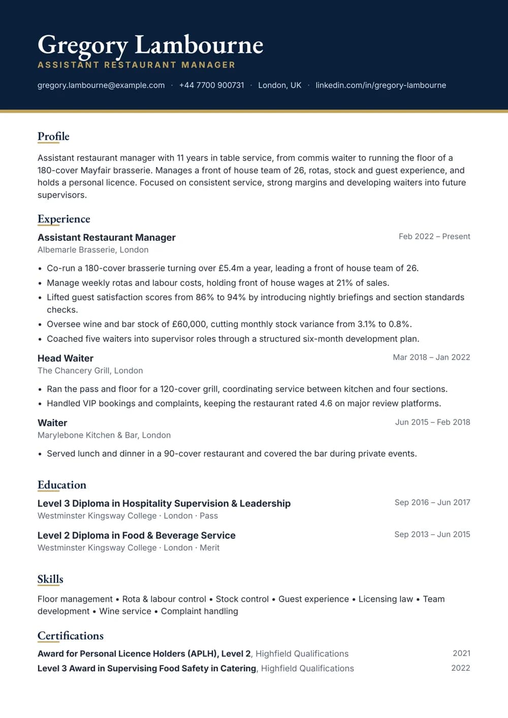Assistant Restaurant Manager CV template