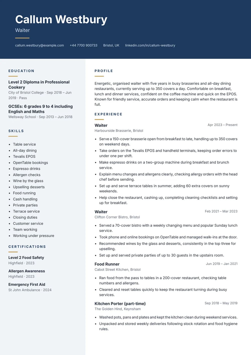 Brasserie Waiter CV template