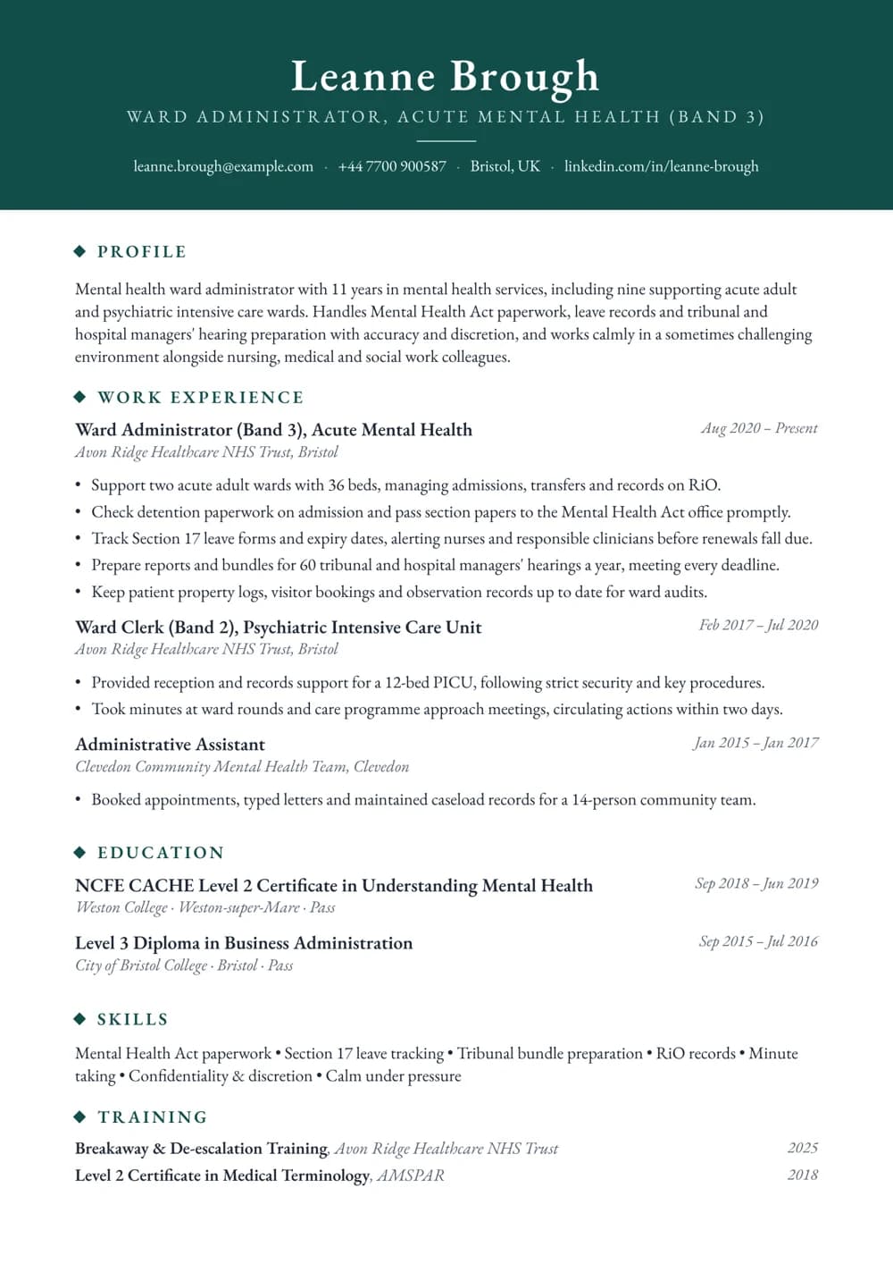 Mental Health Ward Administrator CV template