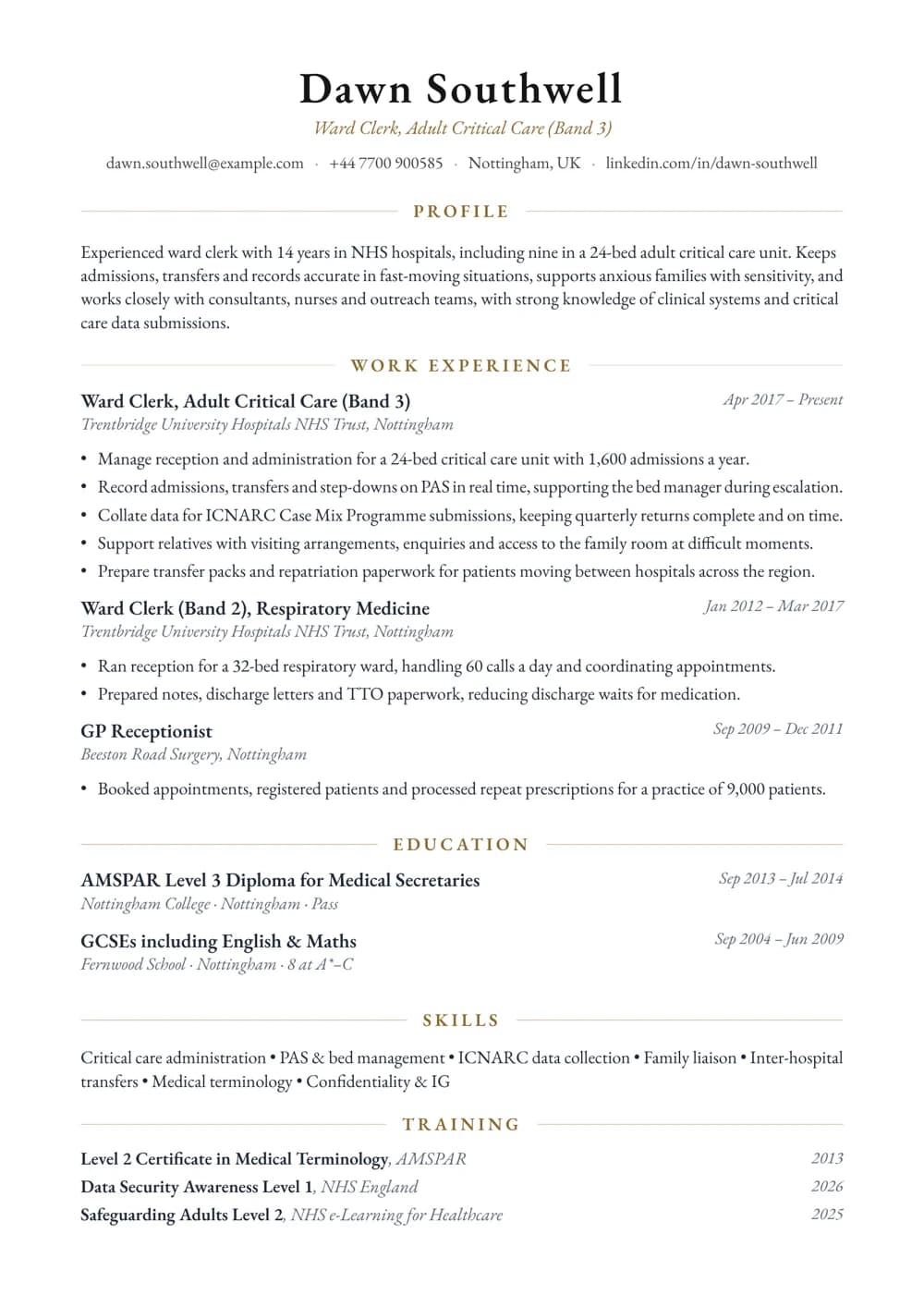 Critical Care Ward Clerk CV template